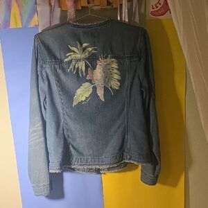 Tommy Bahama Blue Denim Jacket with tropical and Parrot Print on back